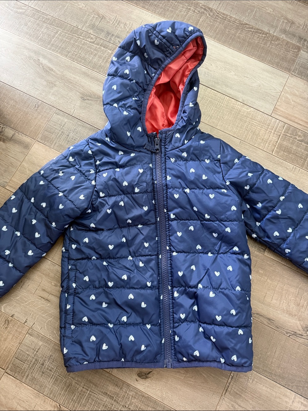 Carter's Navy Heart-Print Hooded Puffer with Coral Lining